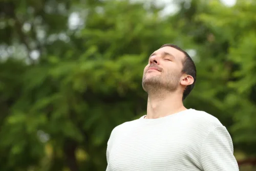 Relaxed,Adult,Man,Breathing,Fresh,Air,In,A,Forest,With